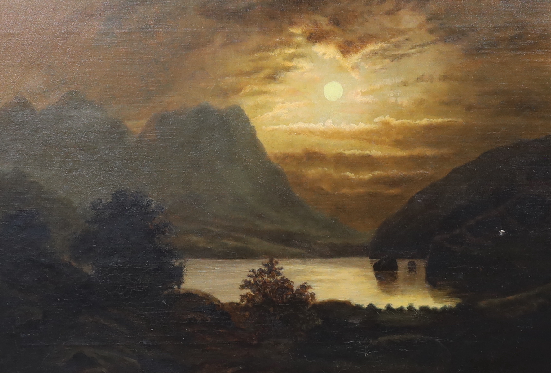Victorian School, oil on canvas, Moonlit lakeside landscape, unsigned, 42 x 62cm, ornate gilt framed